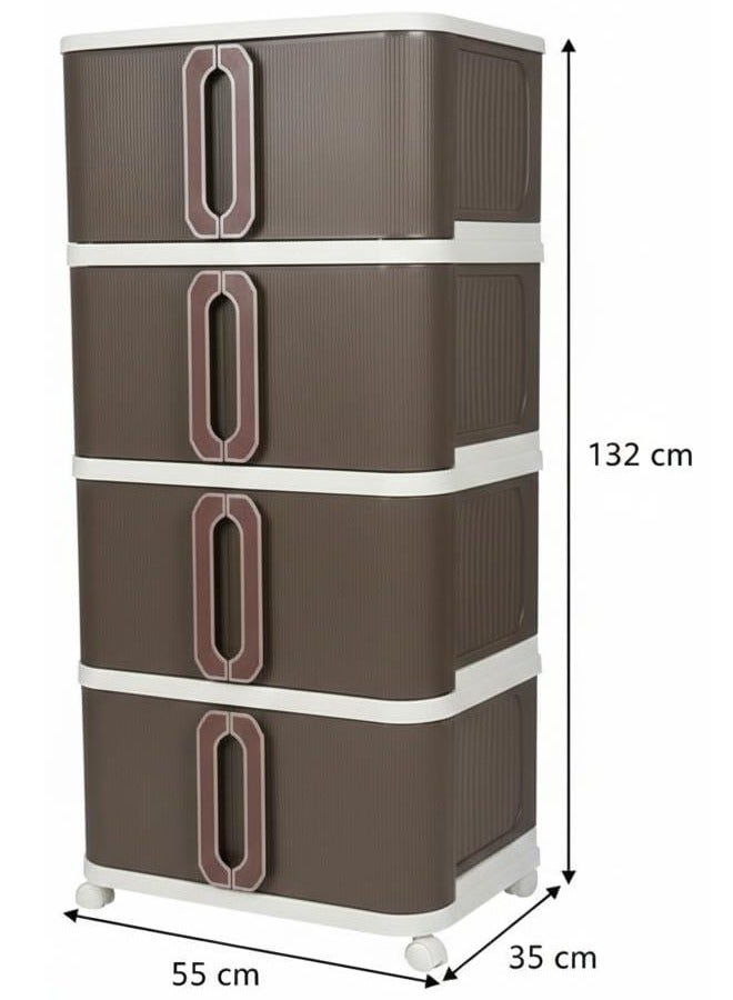 Spaceshoop 4 Tier Plastic Storage Cabinet with Wheels Modern Fluted Design Organizer with Transparent Drawers and Easy Pull Handles Brown and Cream White Medium - Image 2